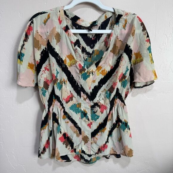 Womans BCBG Maxazria Silk Blouse Multi V-Neck Elastic Waist Sides size small - Picture 1 of 7